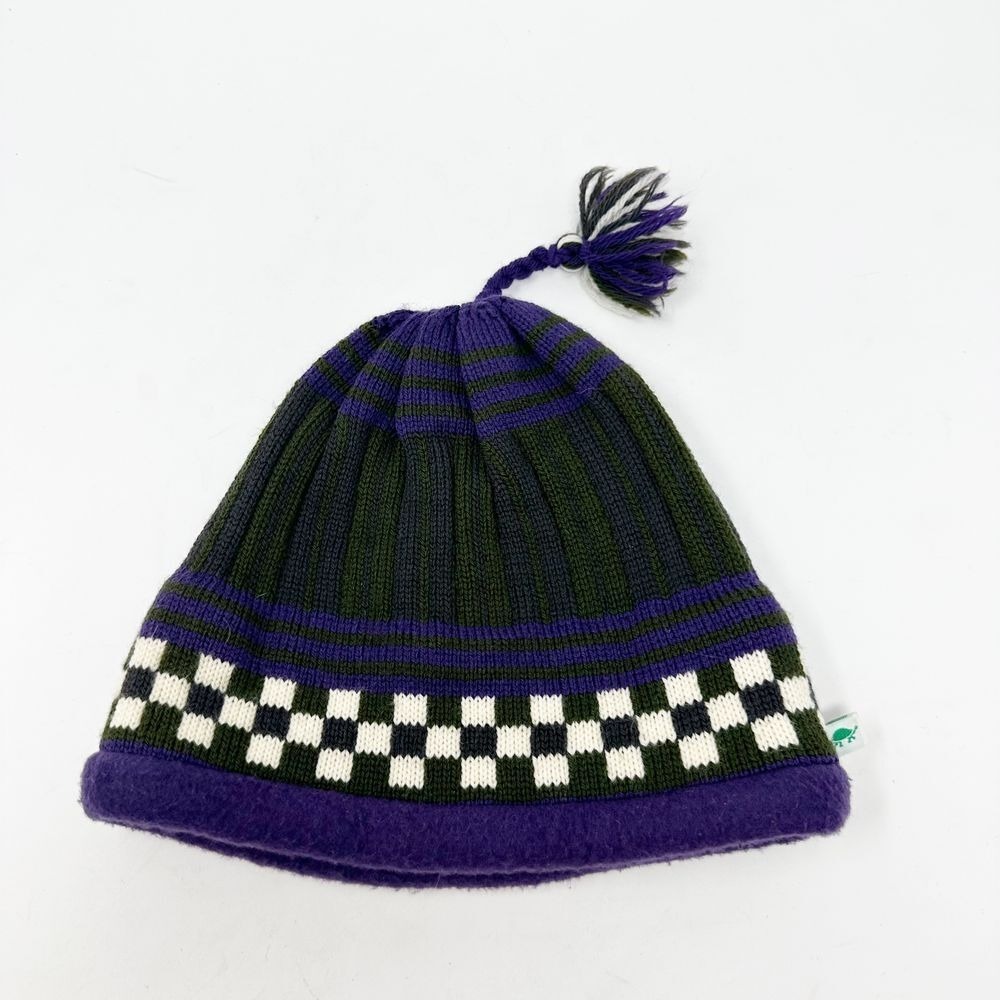 Turtle Fur Wool Fleece Lined Beanie Ski Hat with Tassel Green Purple Cream Check